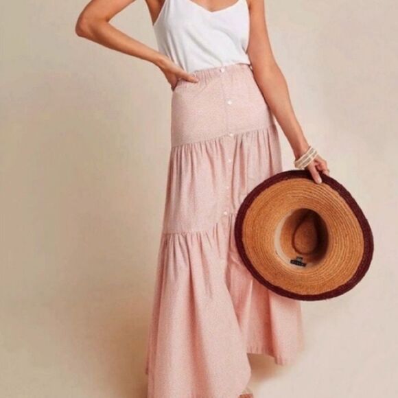Anthropologie x Frye Elspeth Pink Floral Full Tiered Button Front Maxi Skirt XL - Picture 7 of 15